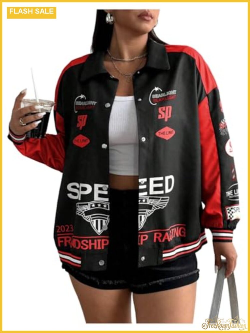 Plus Size Long Sleeve Button Down Jacket Motorcycle Vintage Racer